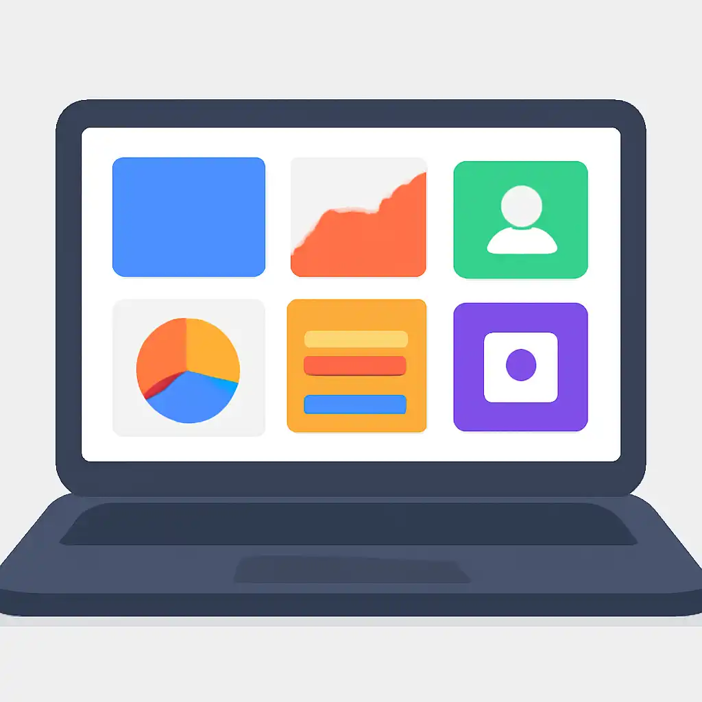 Laptop shown from the front displaying a colourful flat dashboard of abstract charts, bars and icon tiles, 6 Club Login &