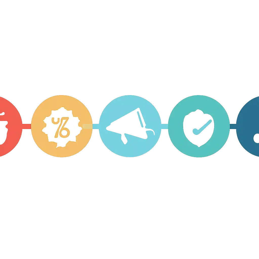 Five numbered circular icons connected by arrows in a horizontal flow, 6 Club Bonuses, Promotions & Safety steps