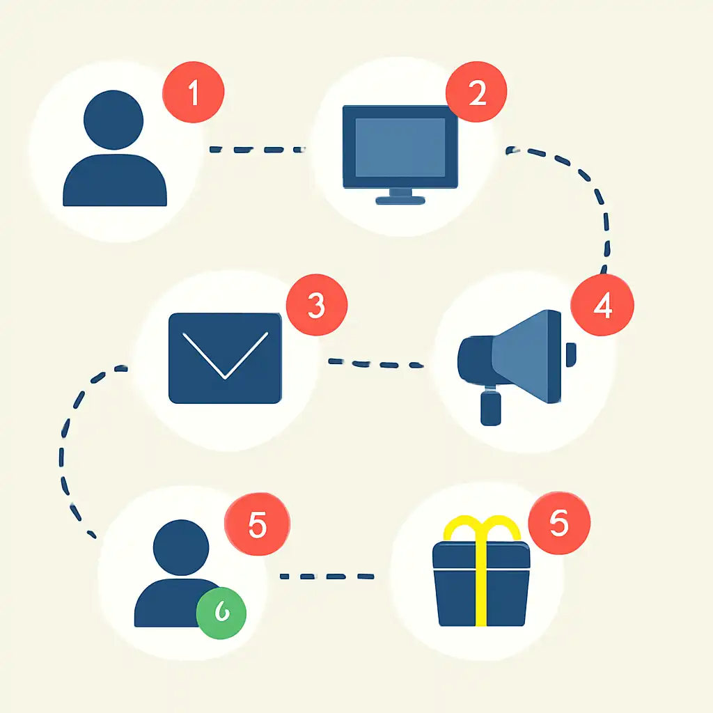 Annotated step diagram: 6 Club Referral Program process with numbered callouts